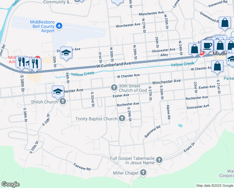 map of restaurants, bars, coffee shops, grocery stores, and more near 300-306 Petersborough Ave in Middlesboro