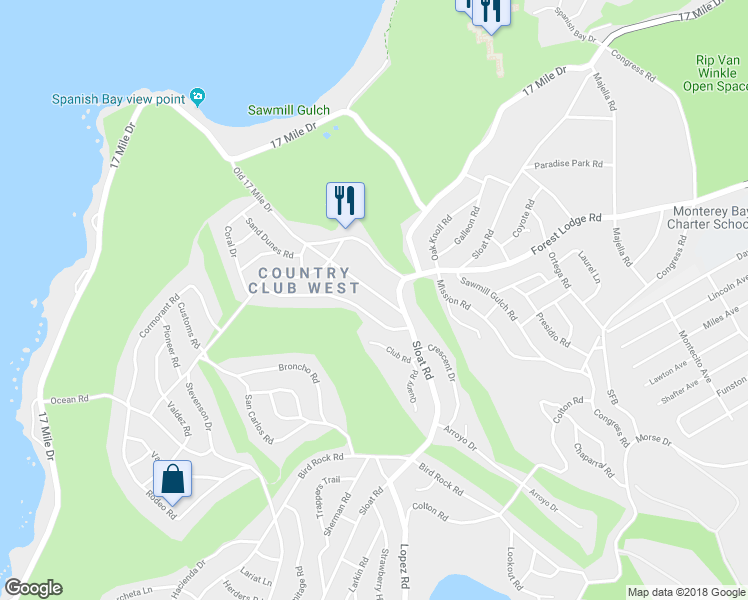 map of restaurants, bars, coffee shops, grocery stores, and more near 1068 The Old Drive in Del Monte Forest