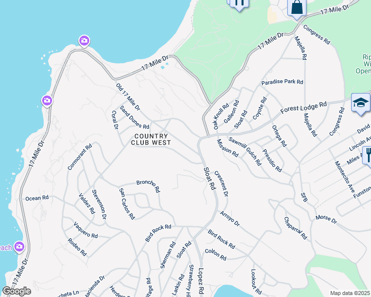 map of restaurants, bars, coffee shops, grocery stores, and more near 1068 The Old Drive in Del Monte Forest