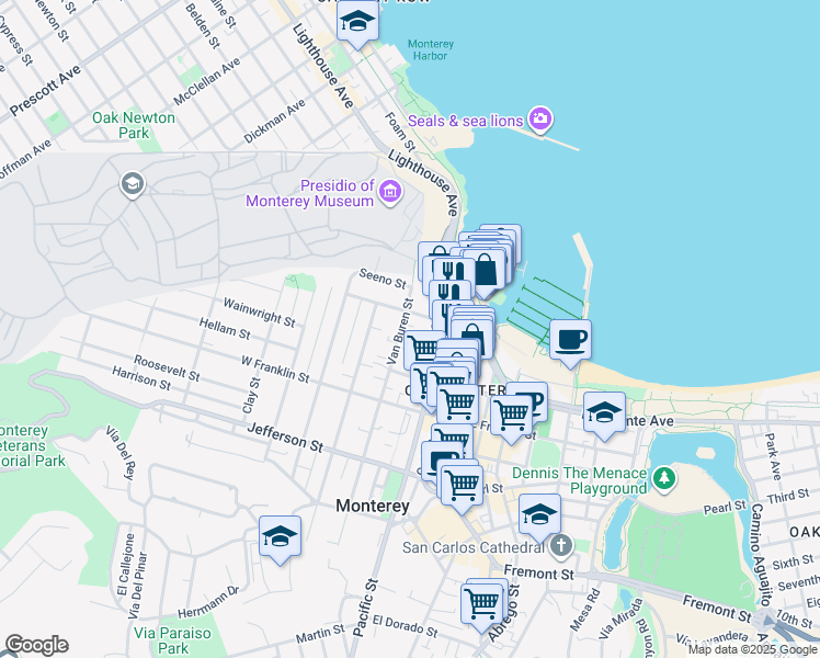 map of restaurants, bars, coffee shops, grocery stores, and more near 245 Van Buren Street in Monterey