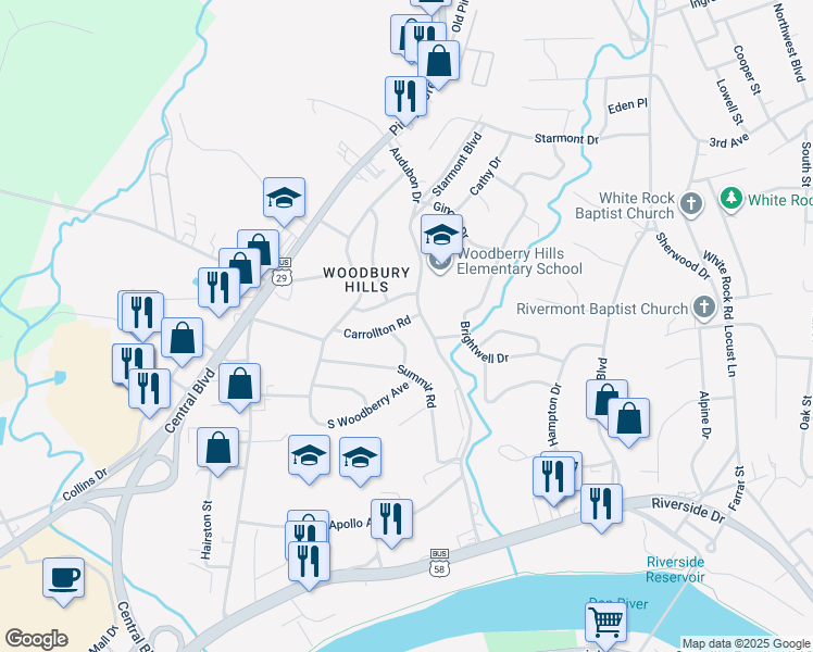 map of restaurants, bars, coffee shops, grocery stores, and more near 113 Carrollton Road in Danville