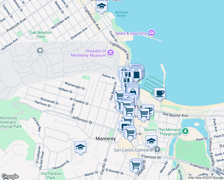 map of restaurants, bars, coffee shops, grocery stores, and more near 236 Van Buren Street in Monterey