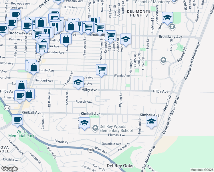 map of restaurants, bars, coffee shops, grocery stores, and more near 1229 Kenneth Street in Seaside