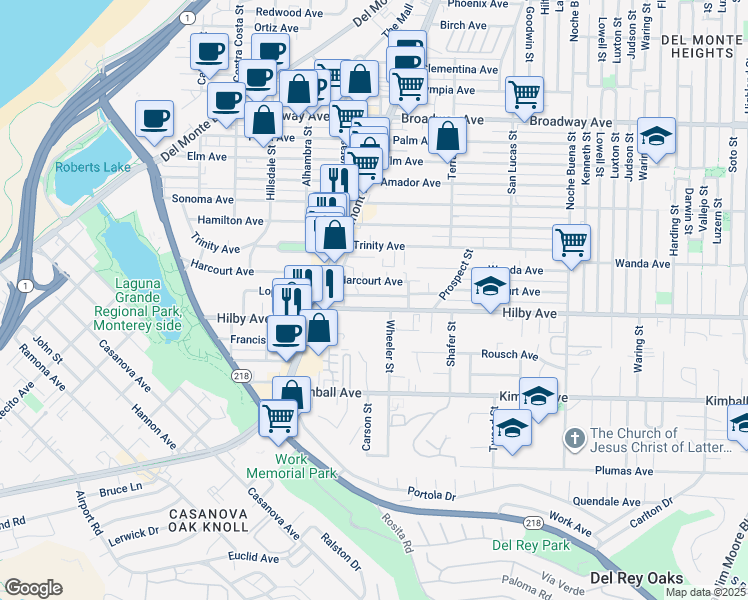 map of restaurants, bars, coffee shops, grocery stores, and more near 967 Hilby Avenue in Seaside