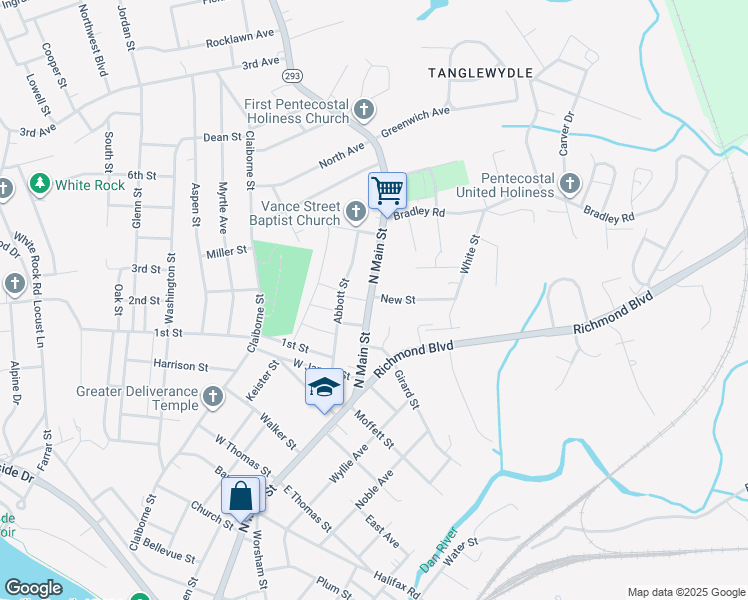 map of restaurants, bars, coffee shops, grocery stores, and more near 1356 North Main Street in Danville