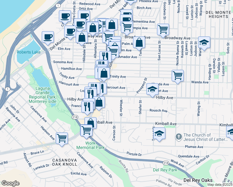 map of restaurants, bars, coffee shops, grocery stores, and more near 967 Hilby Avenue in Seaside