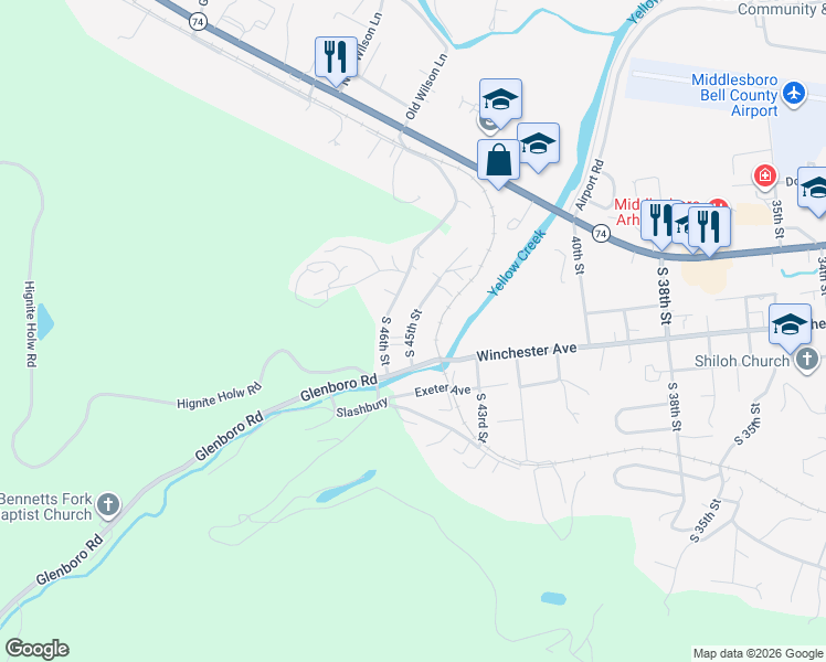 map of restaurants, bars, coffee shops, grocery stores, and more near 222 South 45th Street in Middlesboro