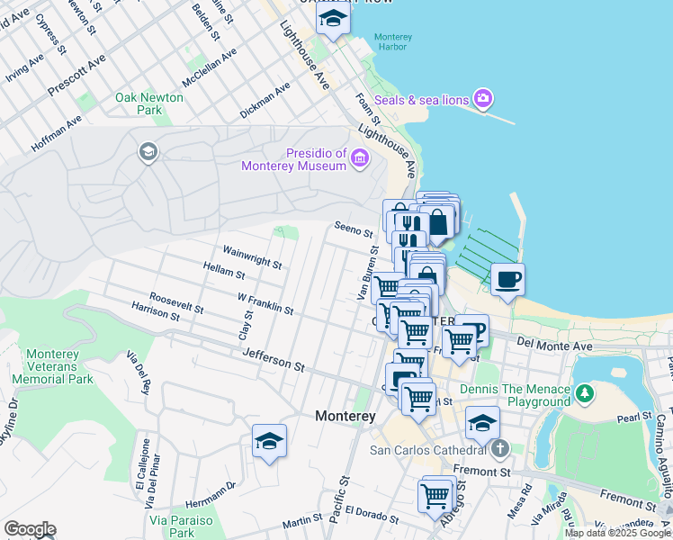 map of restaurants, bars, coffee shops, grocery stores, and more near 235 Larkin Street in Monterey