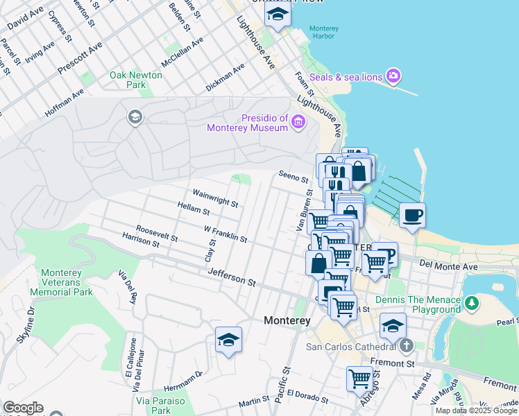 map of restaurants, bars, coffee shops, grocery stores, and more near 263 Watson Street in Monterey