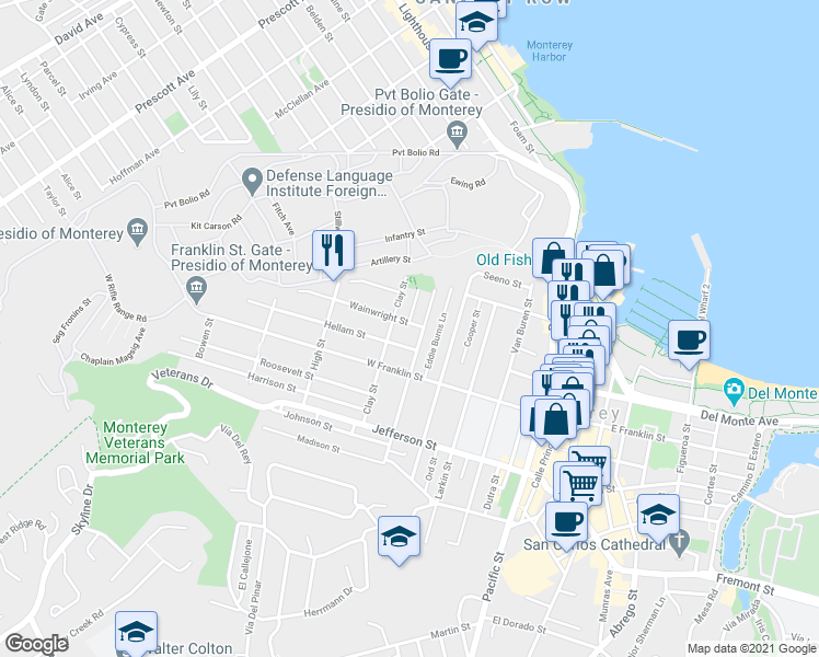 map of restaurants, bars, coffee shops, grocery stores, and more near 298 Monroe Street in Monterey