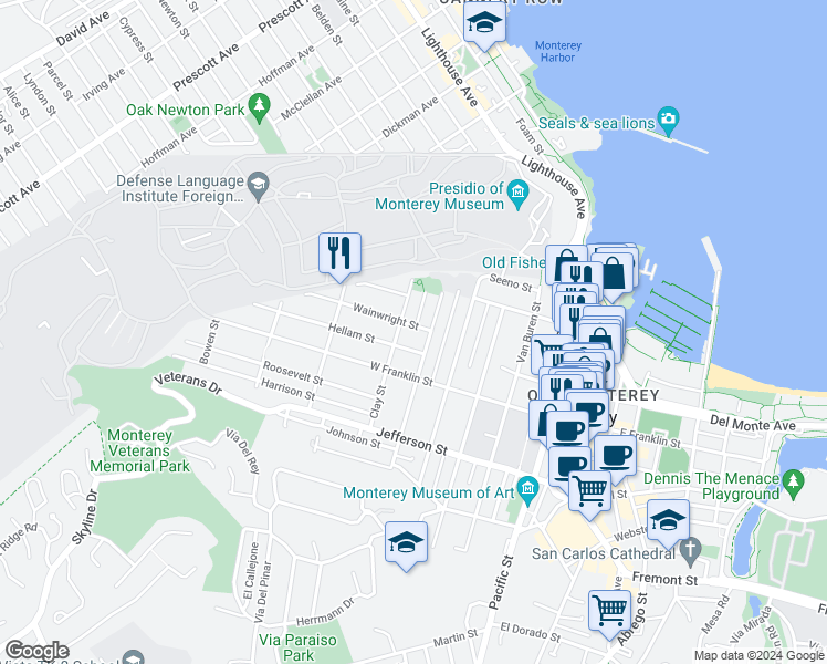map of restaurants, bars, coffee shops, grocery stores, and more near 298 Monroe Street in Monterey