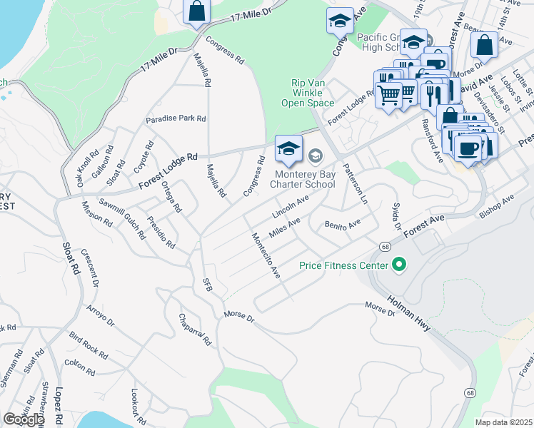 map of restaurants, bars, coffee shops, grocery stores, and more near 1213 David Avenue in Pacific Grove