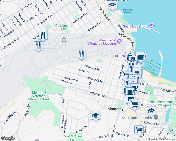 map of restaurants, bars, coffee shops, grocery stores, and more near 940 Hellam Street in Monterey