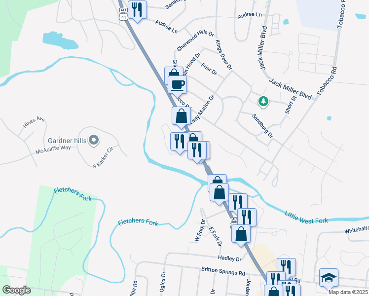 map of restaurants, bars, coffee shops, grocery stores, and more near 2152 Fort Campbell Boulevard in Clarksville