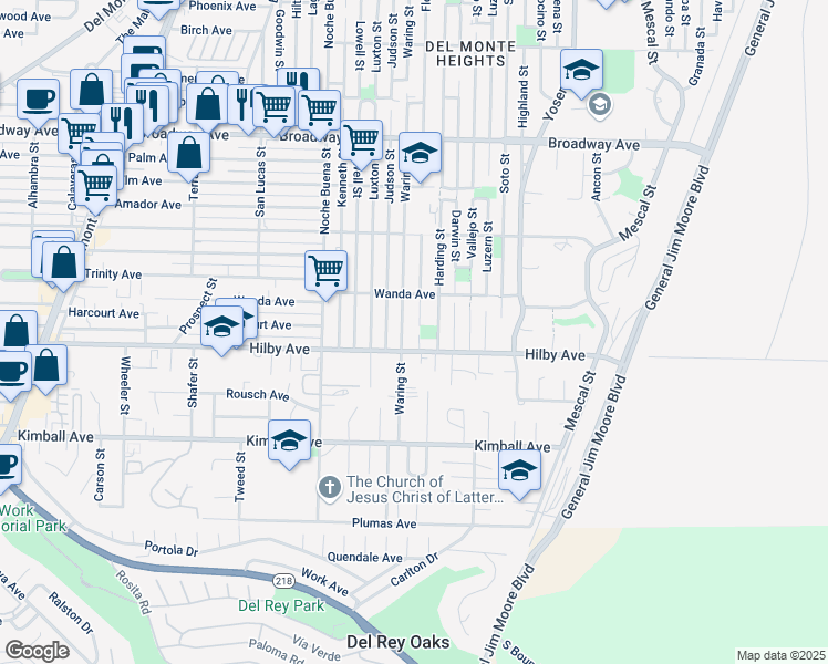 map of restaurants, bars, coffee shops, grocery stores, and more near 1225 Flores Street in Seaside