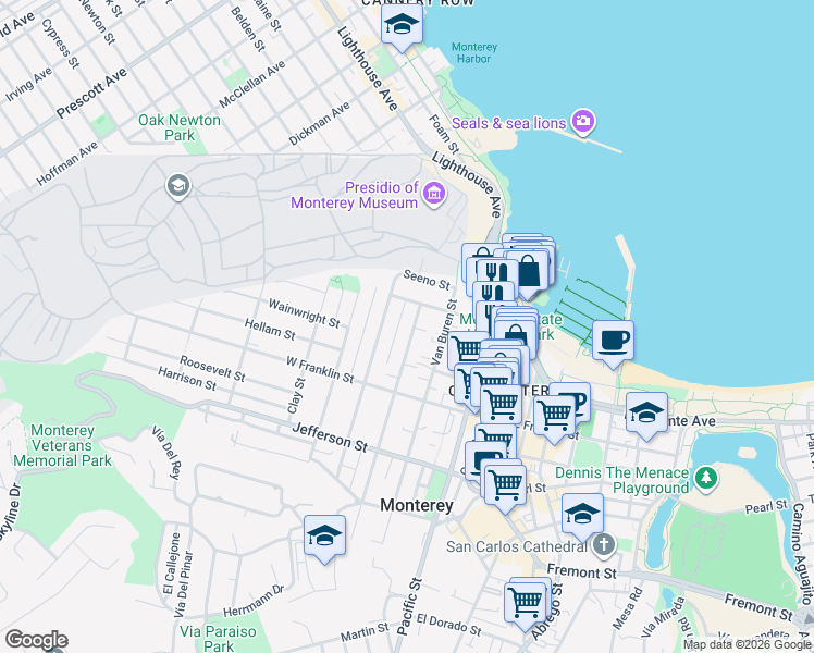 map of restaurants, bars, coffee shops, grocery stores, and more near 235 Larkin Street in Monterey