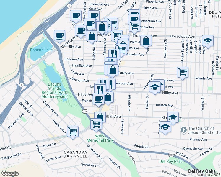 map of restaurants, bars, coffee shops, grocery stores, and more near 1212 Fremont Boulevard in Seaside