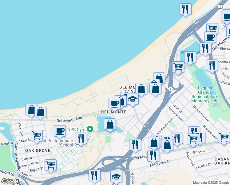 map of restaurants, bars, coffee shops, grocery stores, and more near 100 Spray Avenue in Monterey