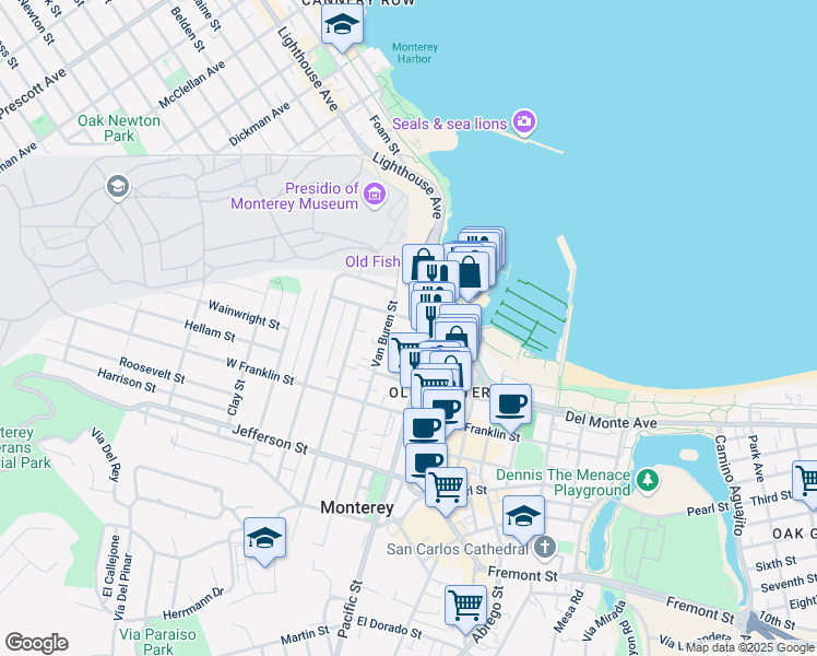 map of restaurants, bars, coffee shops, grocery stores, and more near 439 Scott Street in Monterey