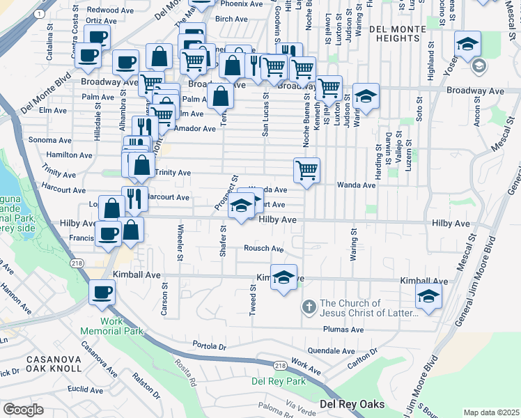 map of restaurants, bars, coffee shops, grocery stores, and more near 1198 Harcourt Avenue in Seaside