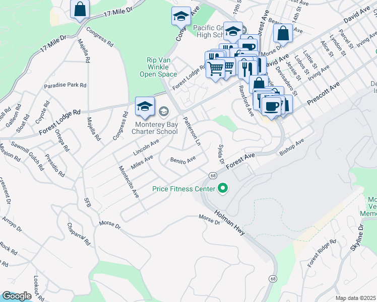 map of restaurants, bars, coffee shops, grocery stores, and more near 1015 Hillside Avenue in Pacific Grove