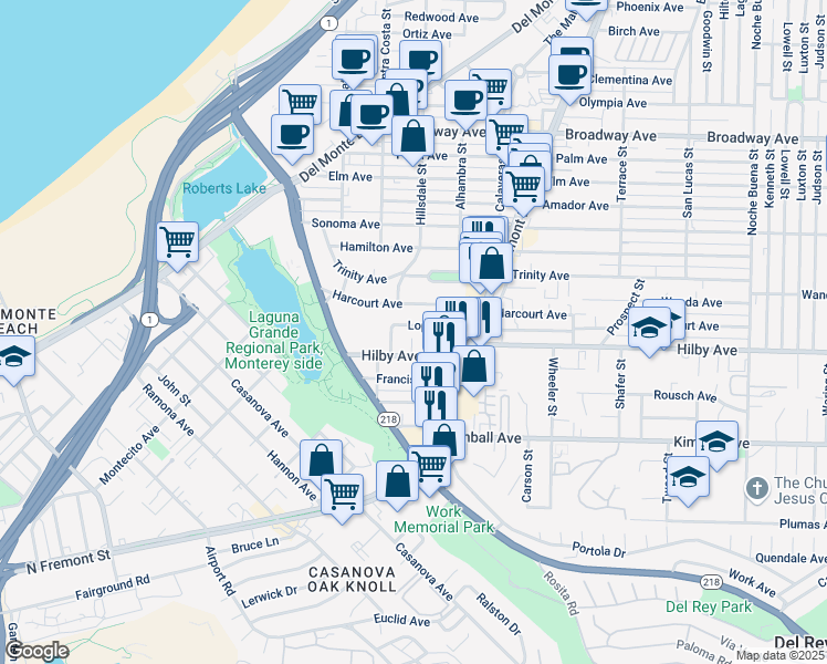 map of restaurants, bars, coffee shops, grocery stores, and more near 600 Lopez Avenue in Seaside