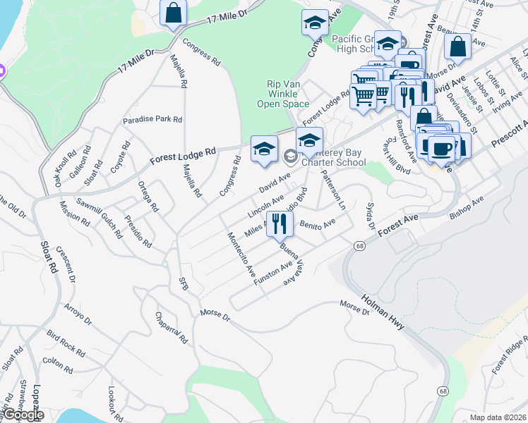 map of restaurants, bars, coffee shops, grocery stores, and more near 1127 Lincoln Avenue in Pacific Grove