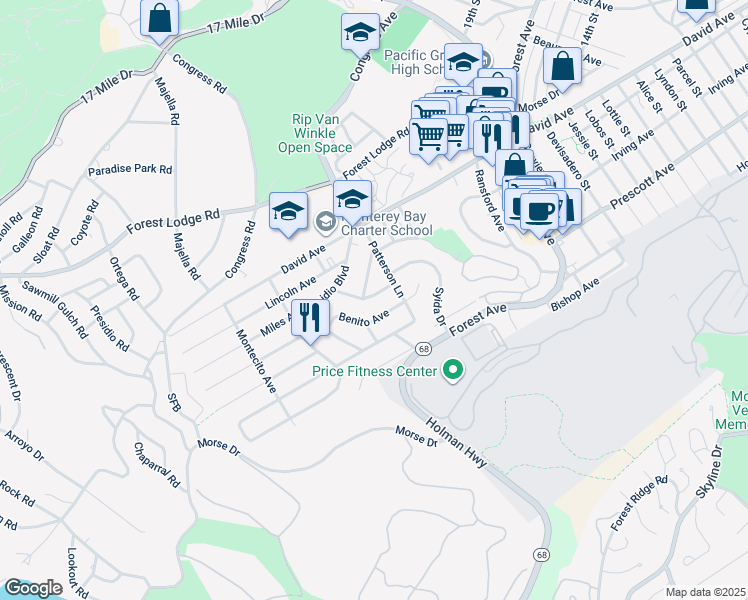 map of restaurants, bars, coffee shops, grocery stores, and more near 1015 Hillside Avenue in Pacific Grove