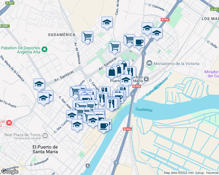 map of restaurants, bars, coffee shops, grocery stores, and more near 38 Calle Cielos in El Puerto de Santa María