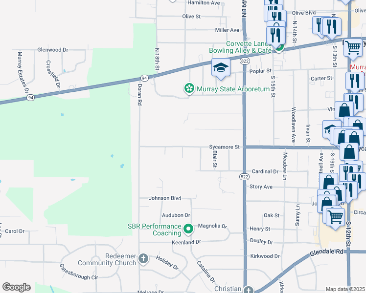 map of restaurants, bars, coffee shops, grocery stores, and more near 1800 Sycamore Street in Murray