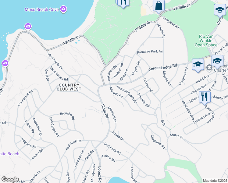 map of restaurants, bars, coffee shops, grocery stores, and more near 1047 Mission Road in Del Monte Forest