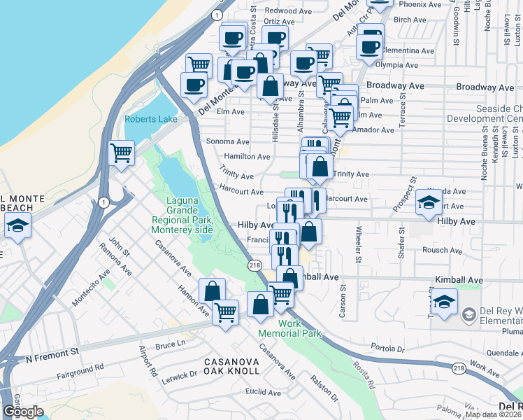 map of restaurants, bars, coffee shops, grocery stores, and more near 600 Lopez Avenue in Seaside