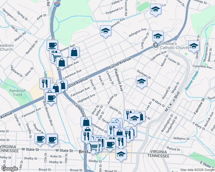 map of restaurants, bars, coffee shops, grocery stores, and more near 805 Highland Avenue in Bristol