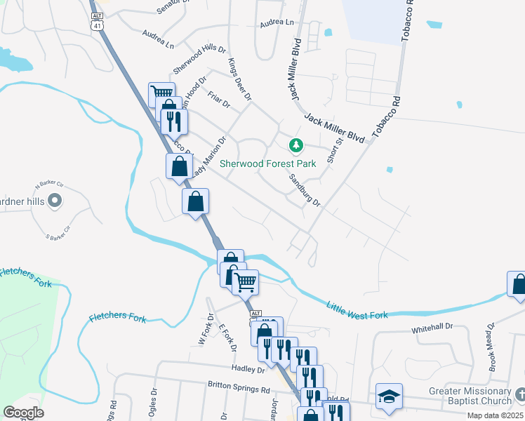 map of restaurants, bars, coffee shops, grocery stores, and more near 240 Tobacco Road in Clarksville