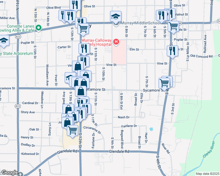 map of restaurants, bars, coffee shops, grocery stores, and more near 910 Sycamore Street in Murray