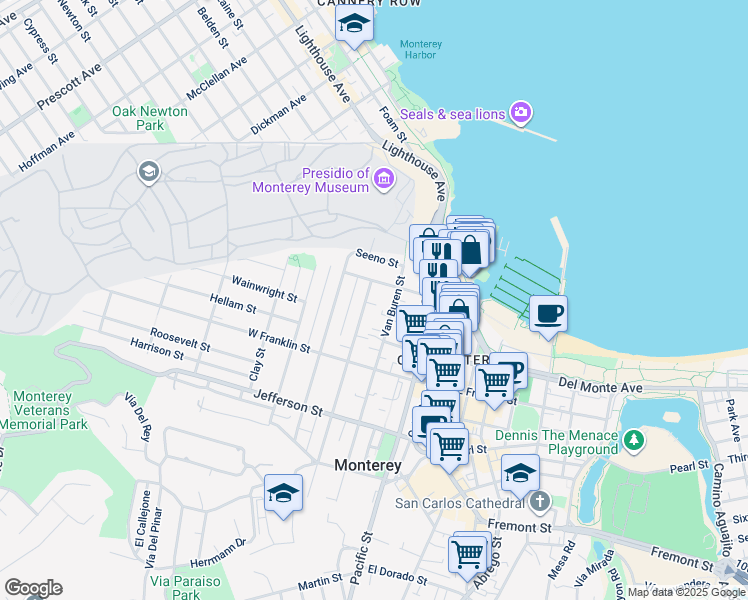map of restaurants, bars, coffee shops, grocery stores, and more near 235 Larkin Street in Monterey