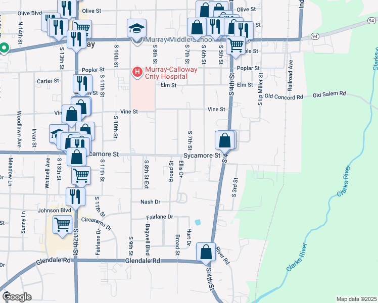 map of restaurants, bars, coffee shops, grocery stores, and more near 600-604 Sycamore Street in Murray