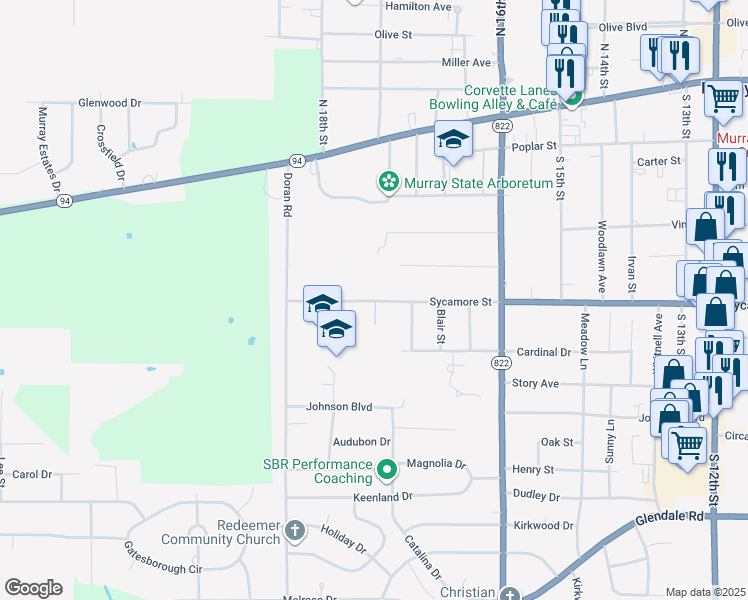 map of restaurants, bars, coffee shops, grocery stores, and more near 1800 Sycamore Street in Murray