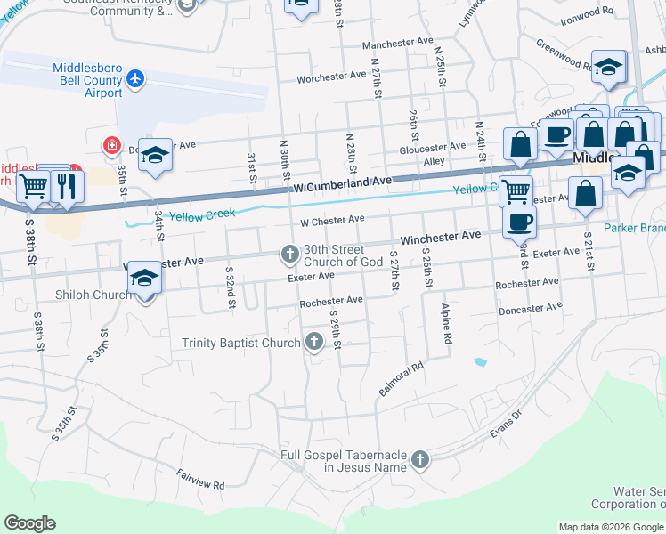 map of restaurants, bars, coffee shops, grocery stores, and more near 916 Exeter Avenue in Middlesboro