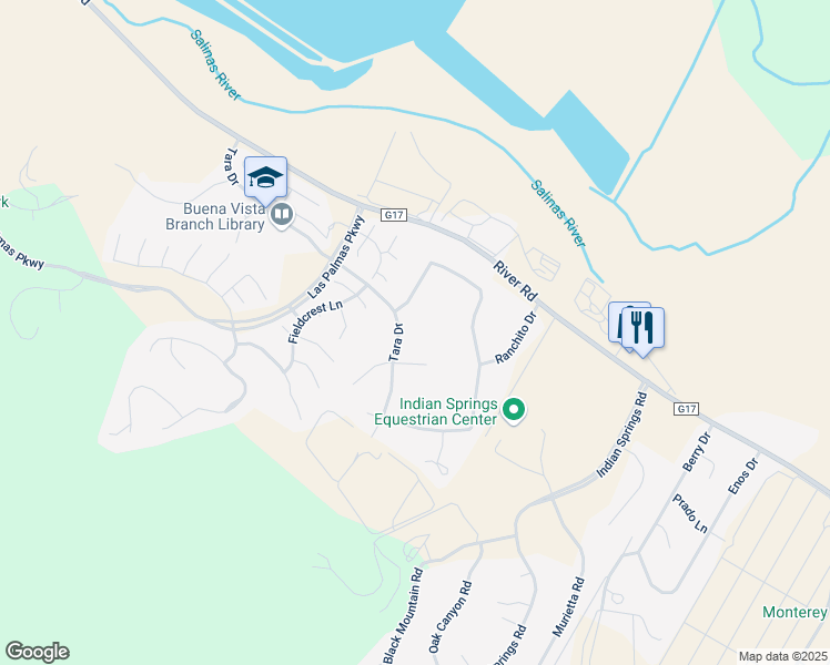 map of restaurants, bars, coffee shops, grocery stores, and more near 18583 Tara Drive in Salinas