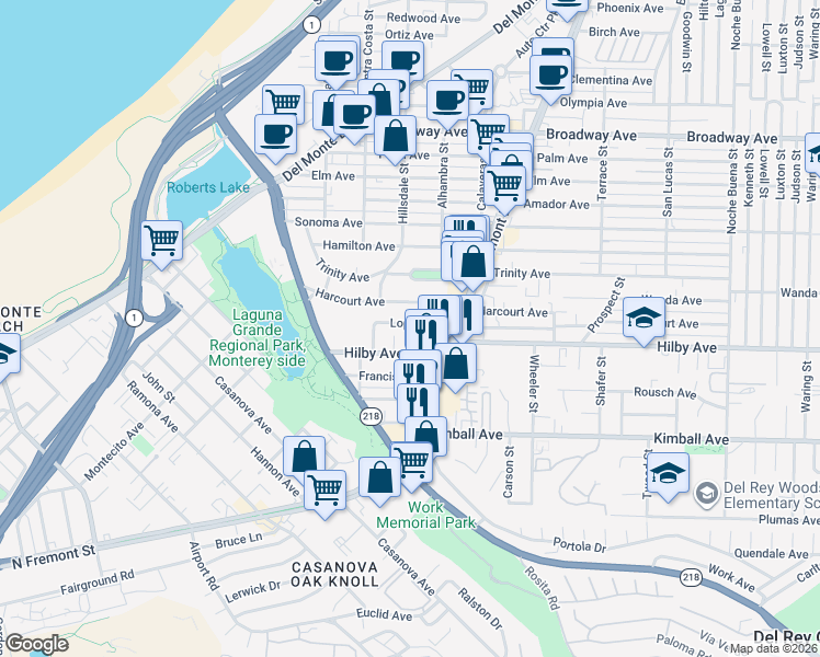 map of restaurants, bars, coffee shops, grocery stores, and more near 624 Lopez Avenue in Seaside