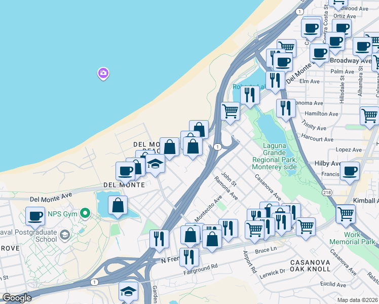 map of restaurants, bars, coffee shops, grocery stores, and more near 2 Ramona Avenue in Monterey