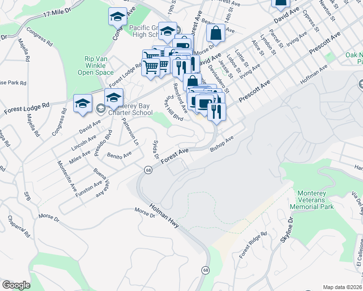 map of restaurants, bars, coffee shops, grocery stores, and more near 3016 Ransford Circle in Pacific Grove