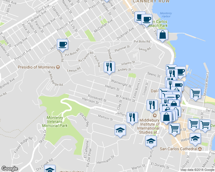 map of restaurants, bars, coffee shops, grocery stores, and more near 378 High Street in Monterey