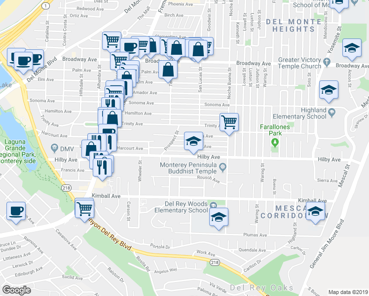 map of restaurants, bars, coffee shops, grocery stores, and more near 1158 Harcourt Avenue in Seaside