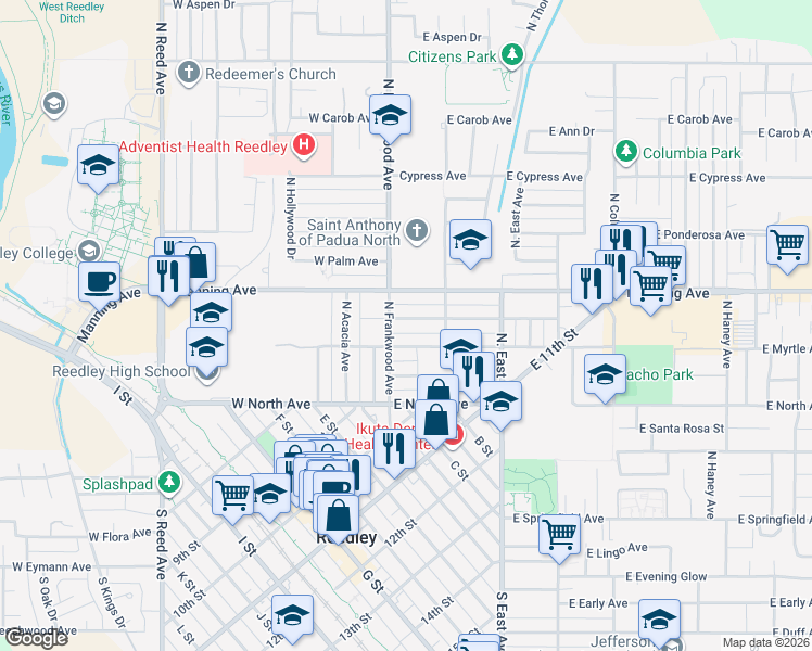 map of restaurants, bars, coffee shops, grocery stores, and more near 165 East Linden Avenue in Reedley