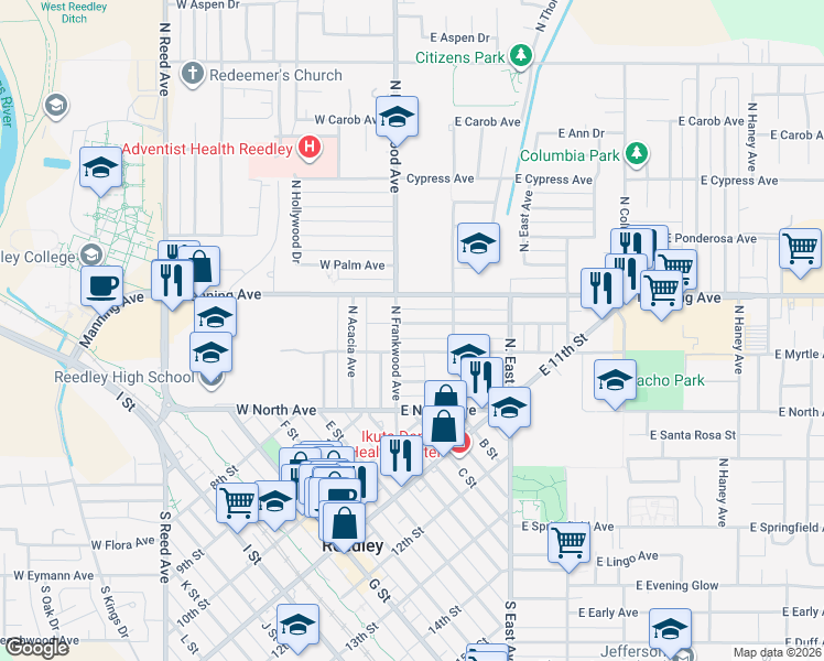 map of restaurants, bars, coffee shops, grocery stores, and more near 165 East Linden Avenue in Reedley