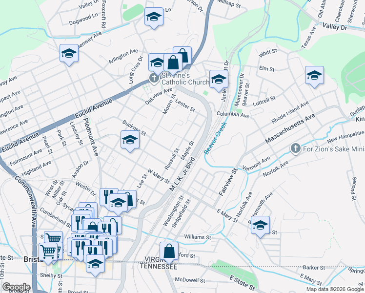 map of restaurants, bars, coffee shops, grocery stores, and more near 815 Russell Street in Bristol