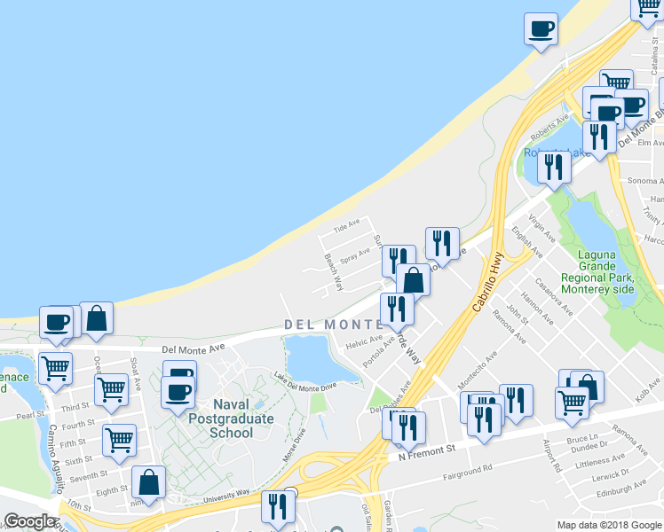 map of restaurants, bars, coffee shops, grocery stores, and more near Beach Way & Spray Ave in Monterey