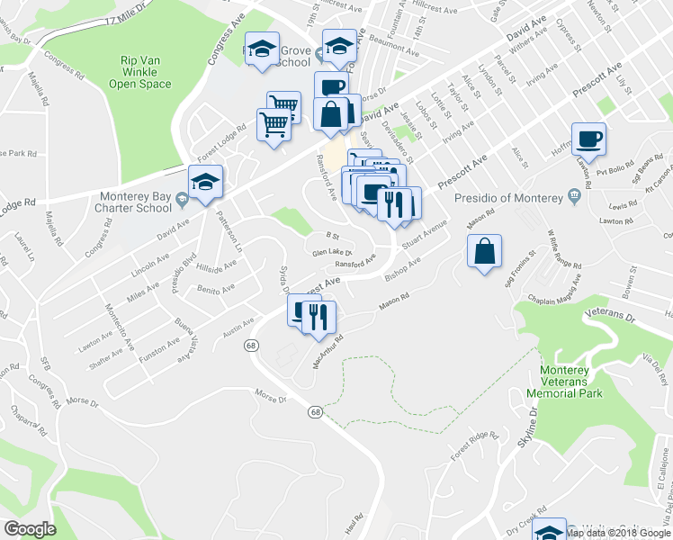 map of restaurants, bars, coffee shops, grocery stores, and more near 3012 Ransford Circle in Pacific Grove